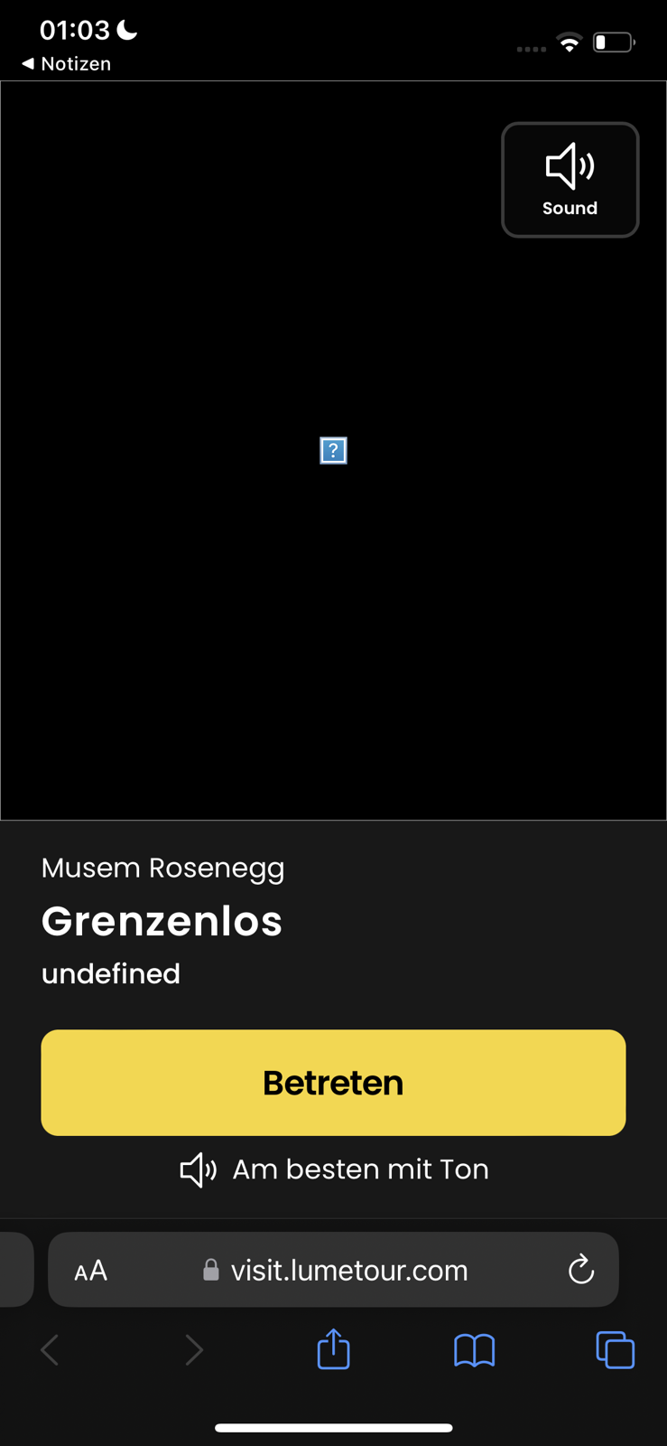 Der Einstiegsbildschirm auf dem Telefon: Museum Rosenegg, Grenzenlos, eine gelbe Schaltfläche zum Betreten und der Hinweis, dass es mit Ton am besten ist
