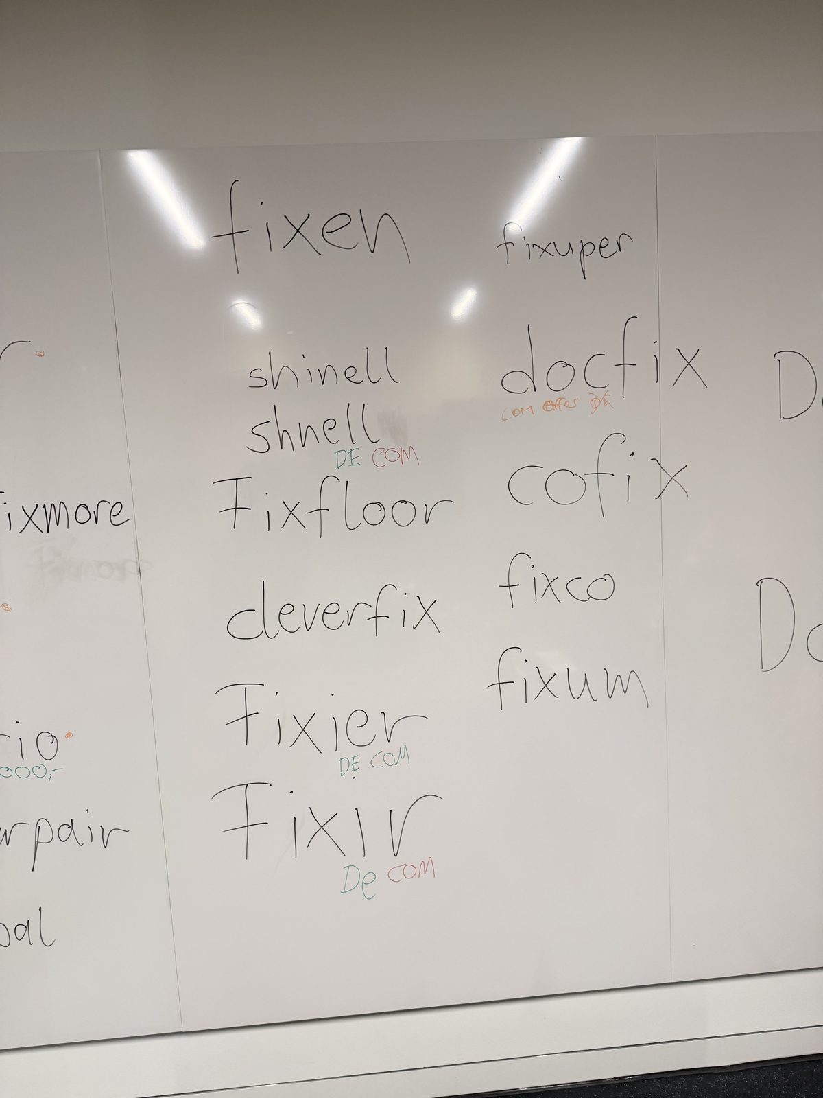 Zweite Tafel mit weiteren Kandidaten: fixen, Fixfloor, cleverfix, docfix, cofix, fixum