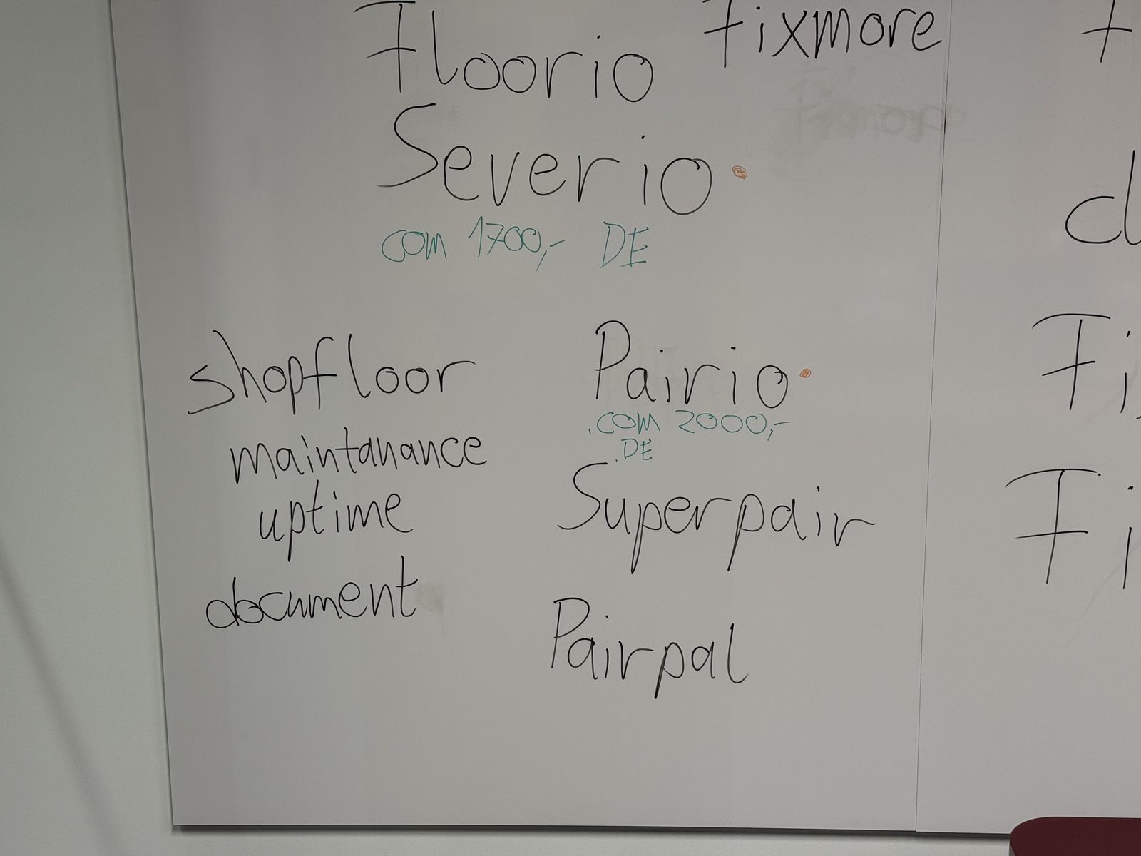 Whiteboard mit Namenskandidaten: Floorio, Severio, Shopfloor, Pairio, Superpair, Pairpal, jeweils mit notierten Domainpreisen
